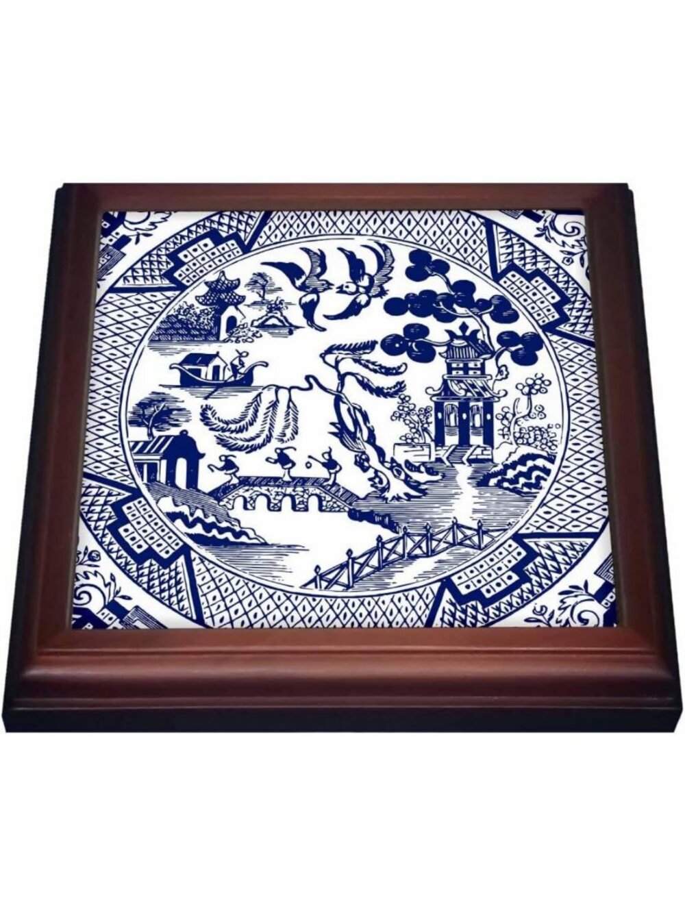 Blue & White 3D Willow Pattern Tile Trivet - 8x8 Inch Kitchen Decor